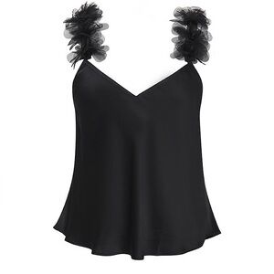 For Love & Lemons Womens Floral Trim Pajama Top V Neck Cami Satin Black Large